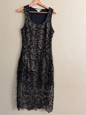 Sans Souci Black Lace Midi Dress with Gold Threading